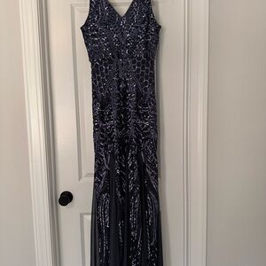 Night Way Navy Sequin V‑Neck Evening Gown